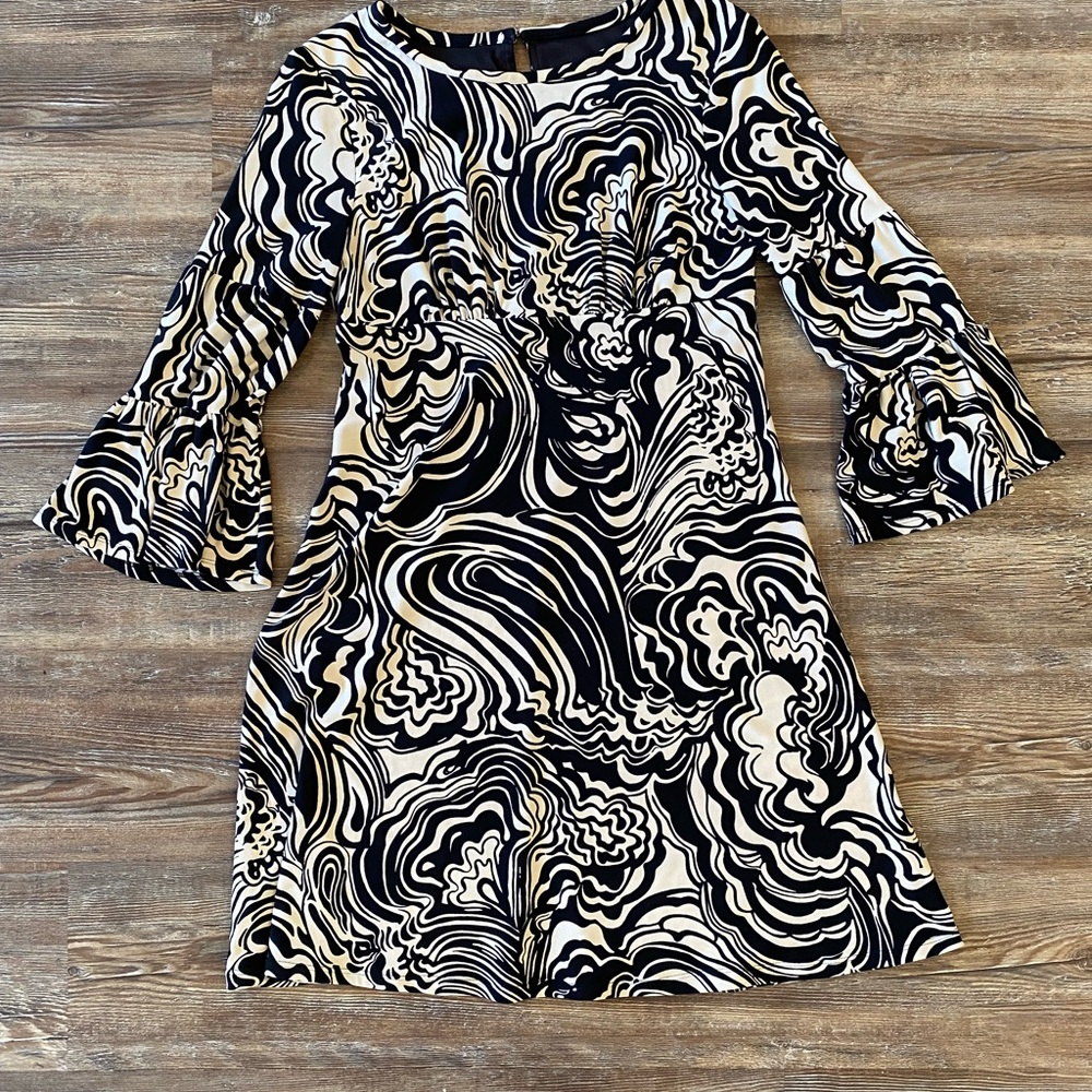 Black and White A-Line Dress with Bell Sleeves